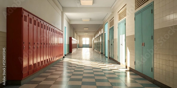 Obraz Empty School Corridor With Red Lockers And Sunlight