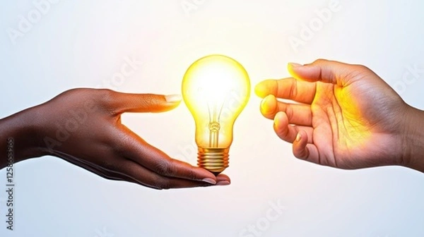 Fototapeta Two hands exchange a glowing light bulb, symbolizing the sharing of ideas, creativity, and innovation.