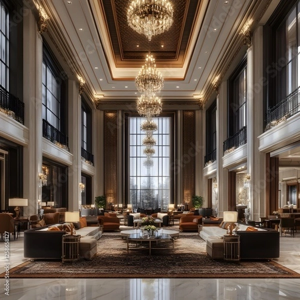 Fototapeta Luxurious hotel lobby featuring high ceilings and a large chandelier in an elegant setting
