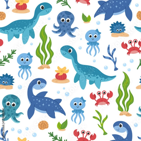 Obraz Prehistoric underwater world seamless pattern. Children's cartoon sea dinosaurs, jellyfish, crabs, octopuses and seaweed background for kids.