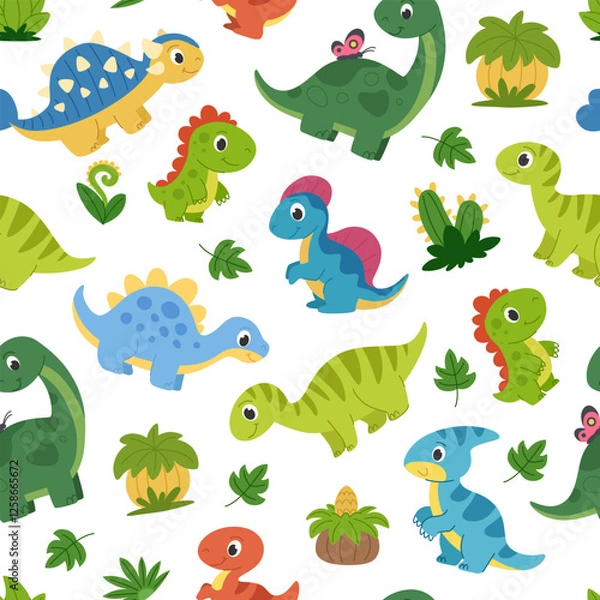Fototapeta Cartoon dinosaurs seamless pattern. Children's prehistoric background with dinosaurs, plants and leaves. Ideal for fabric, packaging and other designs.