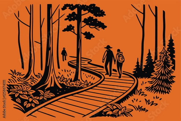 Fototapeta Create a vibrant vector illustration of a scenic forest hiking trail, showcasing a winding wooden path through lush green trees.