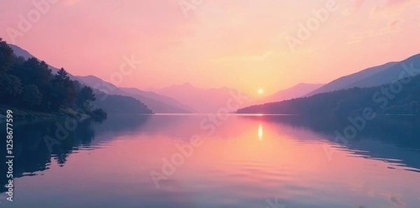 Obraz Calming lake scene with a smooth gradient of pink to orange hues, natural, lake
