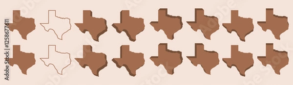 Fototapeta Texas map vector pack solid flat outline 3D shadow isometric independence day