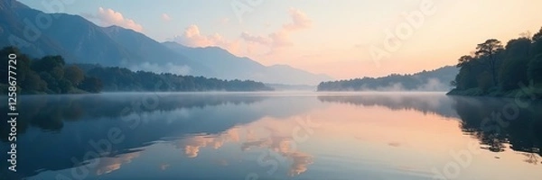 Obraz Calm lake waters reflected in the morning sky, landscape, stillness, reflection