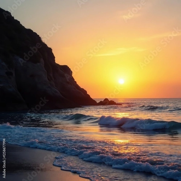 Obraz Calm sea at sunset with a single wave crashing against the rugged coastline, serene, sunset, water