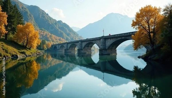 Obraz Calm water surface reflections on flood river Po Ticino Bridge Becca, riverbank, serene, reflection