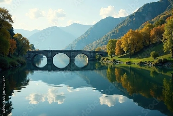 Obraz Calm water surface reflections on flood river Po Ticino Bridge Becca, riverbank, reflection