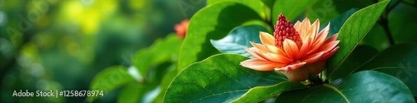 Obraz Calotropis tree with large leaves and flowers, botanical gardens, greenery, giant plant