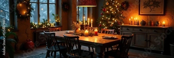 Obraz Candlelit dining area with a rustic wooden table and sideboard, festive, winter, sideboards