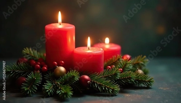 Obraz Candles and evergreen branches create a festive holiday scene, advent, christmas
