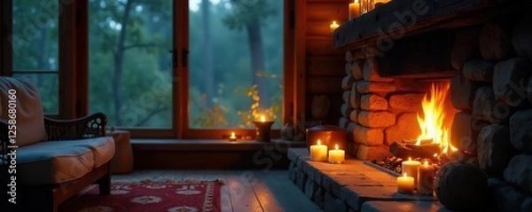 Obraz Candles and fireplaces in a cozy cabin in the woods, intimate, wood, glow