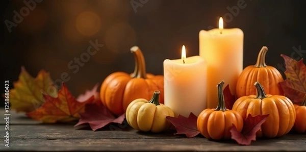 Obraz Candles and gourds in autumn arrangement on wooden table, gourds, candles, warm