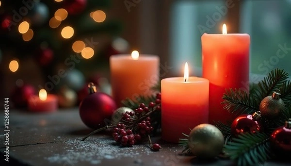 Fototapeta Candles and ornaments create a magical scene on the table, ornaments, candles