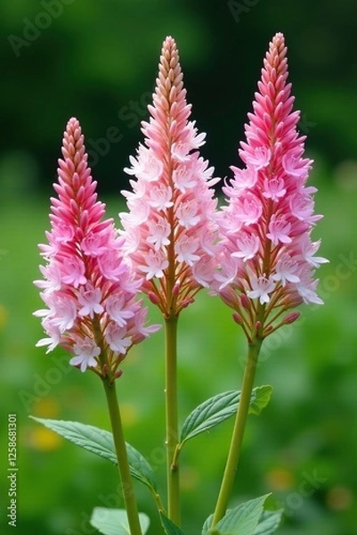 Obraz Delicate astilbe flowers in shades of pink and white against a lush green background, greenery, botanicals, garden landscape
