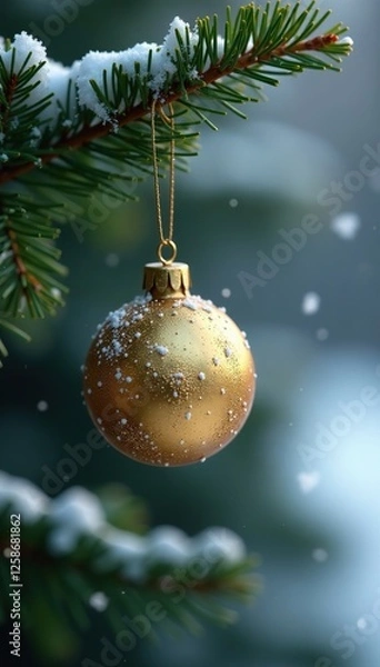 Obraz Delicate golden ornament hanging from the branch, evergreen foliage, wintery scene