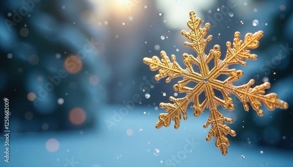 Obraz Delicate gold snowflake on a frosted glass window, winter, elegance, sparkle