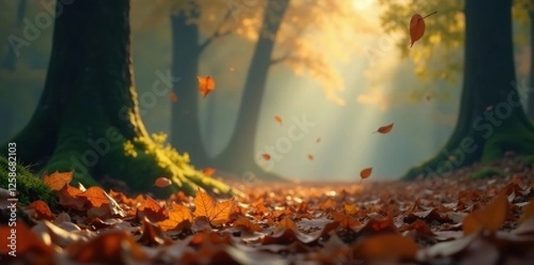 Obraz Delicate leaves fall gently on a misty forest floor, mist, leaves, decay