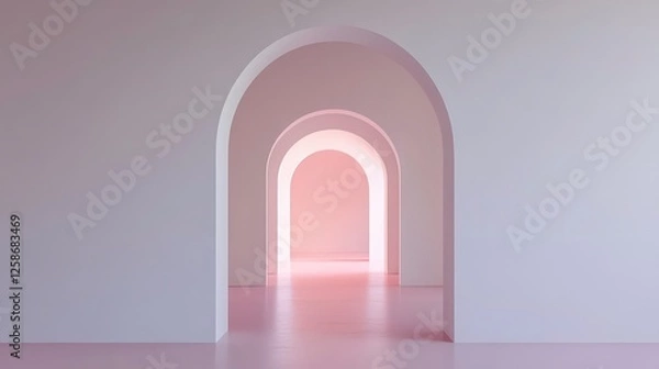 Fototapeta A white room with three arches creating a doorway to another pink room.