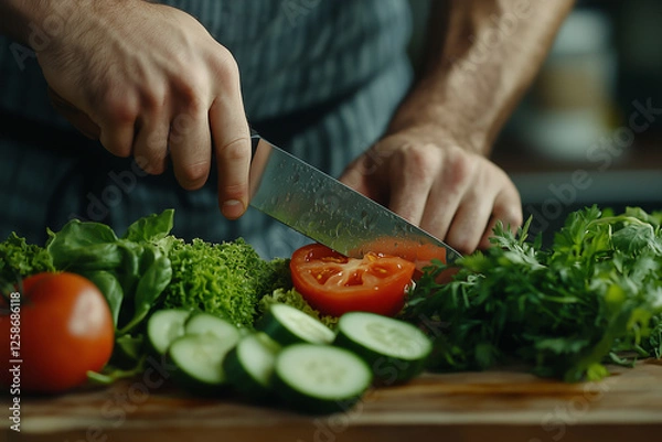 Fototapeta Close-up shot of a man preparing a salad and cutting tomatoes for dinner.