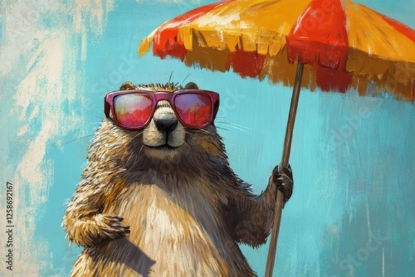Fototapeta A humorous cartoon depicts a beaver standing under an umbrella, wearing sunglasses and enjoying a sunny day at the beach