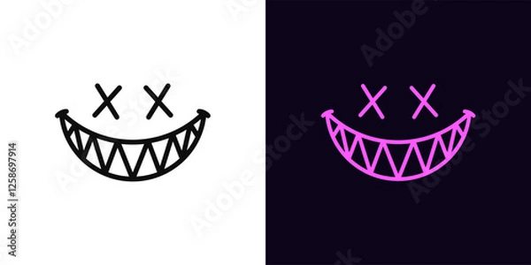 Obraz Outline evil smile icon, with editable stroke. Evil joker smile with cross on eyes and sharp teeth, monster grin. Emoji with evil sneer, devil smile, scary demon mouth, creepy gamer emoticon. Vector