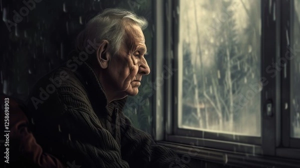 Fototapeta A thoughtful elderly man gazes out of a window, watching the snowfall outside. The dim lighting and soft shadows create a melancholic and reflective mood. AI generated.