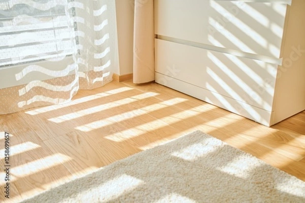 Fototapeta Warm morning sunlight casts striped shadows through sheer curtains onto a natural wooden floor. A soft, cozy rug adds texture and a sense of comfort to the minimalistic interior. The serene and bright