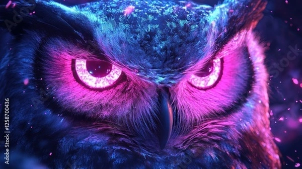 Fototapeta Mysterious owl with glowing eyes perched in a dark forest at night. Generative AI