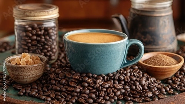 Fototapeta Coffee cup, beans, sugar, rustic kitchen, beverage