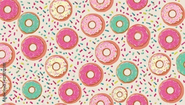 Fototapeta Donut, sweet confetti background. Sweet cake, donut confetti texture, seamless pattern. Colorful candy topping seamless background wallpaper. perfect any project.