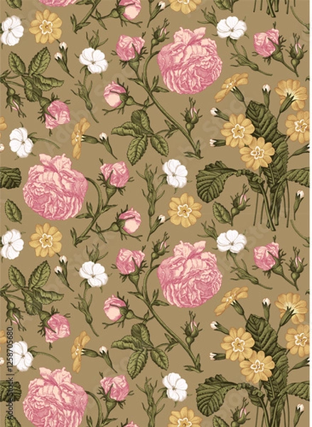 Obraz Seamless pattern. Beautiful pink blooming realistic isolated flowers. Vintage background. Set Roses wildflowers. Wallpaper. Drawing engraving. Vector victorian Illustration