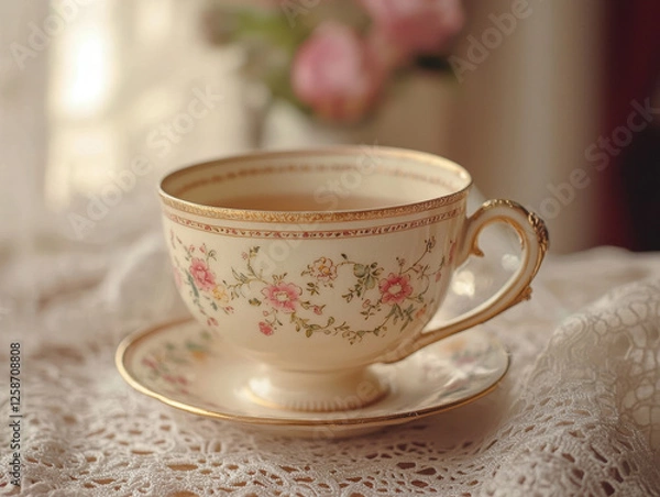 Fototapeta Delicate porcelain teacup on lace tablecloth in soft sunlight with floral patterns