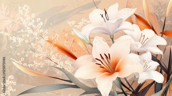 Obraz Artistic latte shaded floral illustration with fine details, featuring elegant white and peach lilies with soft orange accents, surrounded by delicate foliage and blossoms warm, pastel toned