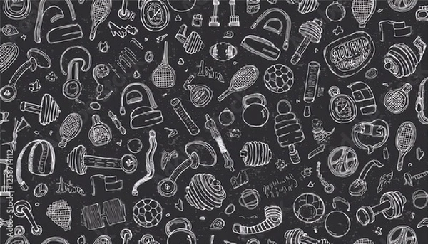 Fototapeta Doodle gym sketch health seamless pattern background. Hand drawn sketch doodle healthy sport, gym fit exercise equipment background. Seamless sport chalkboard pattern. perfect any project.