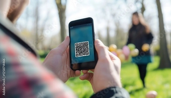 Obraz A person scans a QR code displayed on a picture featuring a woman, showcasing the interaction between technology and visual content.