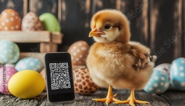 Fototapeta A vibrant chick stands beside a smartphone displaying a QR code, showcasing a playful interaction between technology and nature.