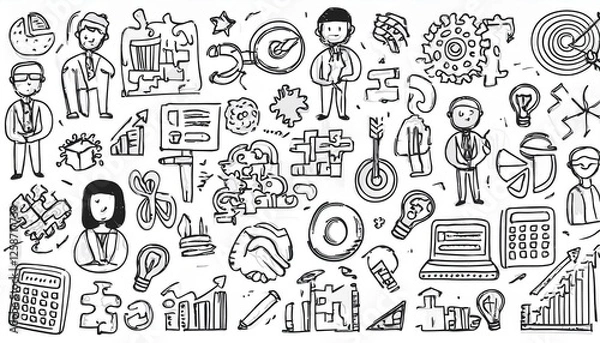 Fototapeta Doodle business icon set. Doodle business strategy, finance, office people teamwork concept. Target, puzzle, chart element. Hand drawn sketch style perfect any project.