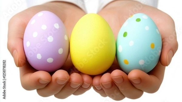 Fototapeta A child holds three eggs carefully in their hands, showcasing innocence and curiosity in a warm, inviting setting.