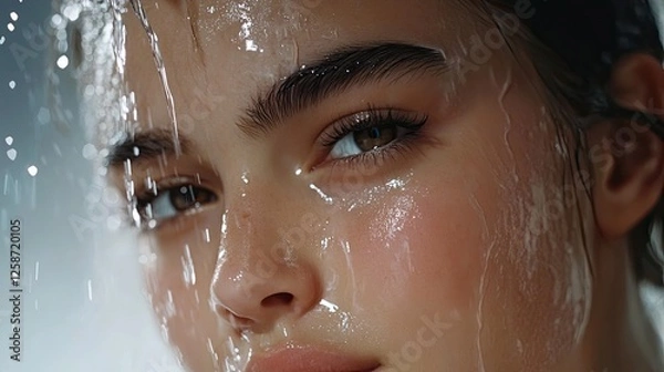 Obraz Water droplets sparkle on a woman face as she completes her cleansing routine, exuding beauty and confidence.