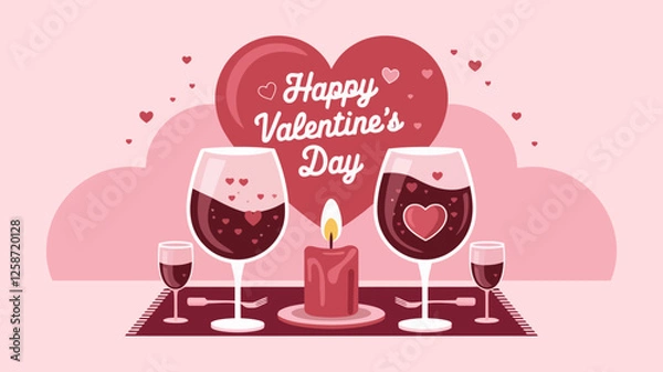 Fototapeta Two glasses of wine, a lit candle, and a heart in the background, symbolizing a romantic Valentine's Day dinner on a plain white background.