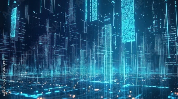 Fototapeta Futuristic Digital Cityscape: A Neon Grid of Data and Information