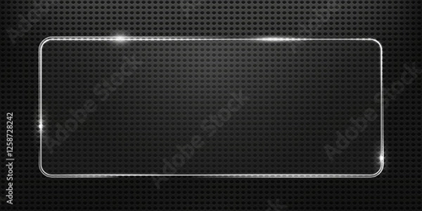 Fototapeta Neon glass rectangular frame with glow and sparkle effect.  Glass banner realistic with neon frame. Glass or mirror with lighting	
