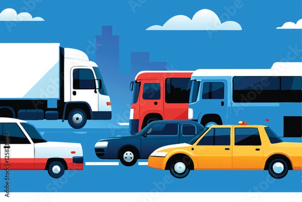 Fototapeta Create a vibrant vector background showcasing diverse transportation modes cars, trains, planes, ships, bicycles.  Include various colors and styles for a dynamic feel.