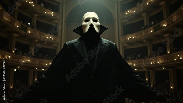 Obraz The Phantom of the Opera stands in shadows, his iconic mask and tragic presence creating a hauntingly beautiful atmosphere. The scene captures his artistic genius and inner torment.