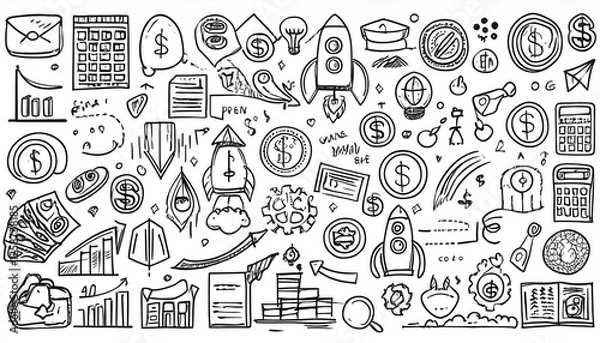 Fototapeta Hand drawn doodle business, money icon set. Finance, startup marketing sketch drawn cute trendy line doodle icon. Business work, finance rocket, growth economic goal elements. perfect any project.