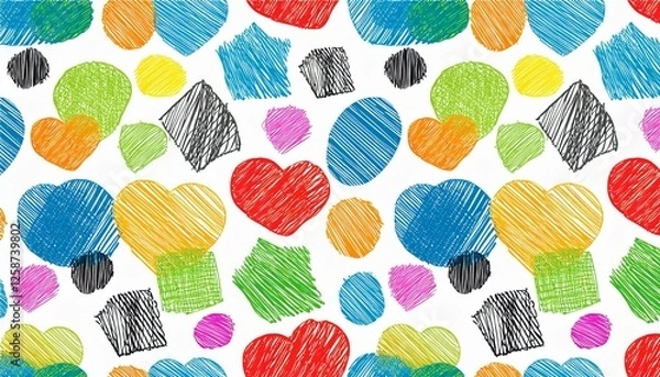 Fototapeta Kid shape color seamless pattern background. Crayon scribble fun children color hand drawn pencil brush shape seamless background. Abstract pattern crayon children pattern design. perfect any project.