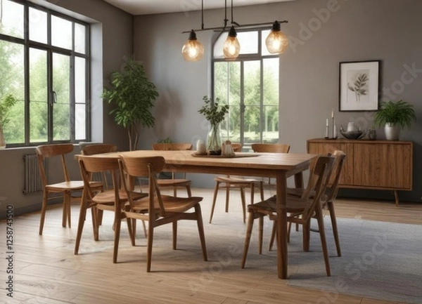 Fototapeta Empty dining area with wooden table and chairs, isolated, neat