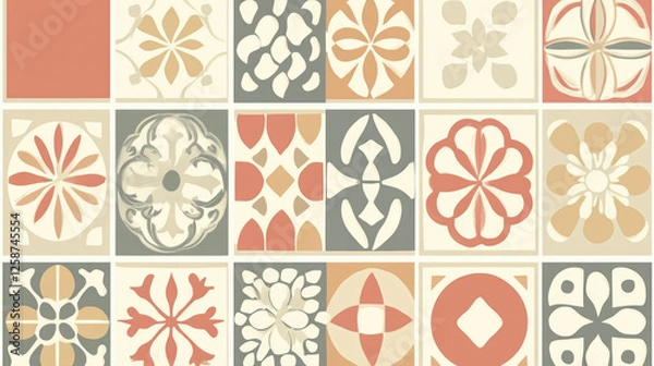 Fototapeta Ornamental tile pattern with intricate medallion and floral motifs in earthy tones of beige, terracotta, and gray, creating seamless vintage inspired decorative design