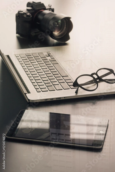 Obraz Laptop, tablet and camera